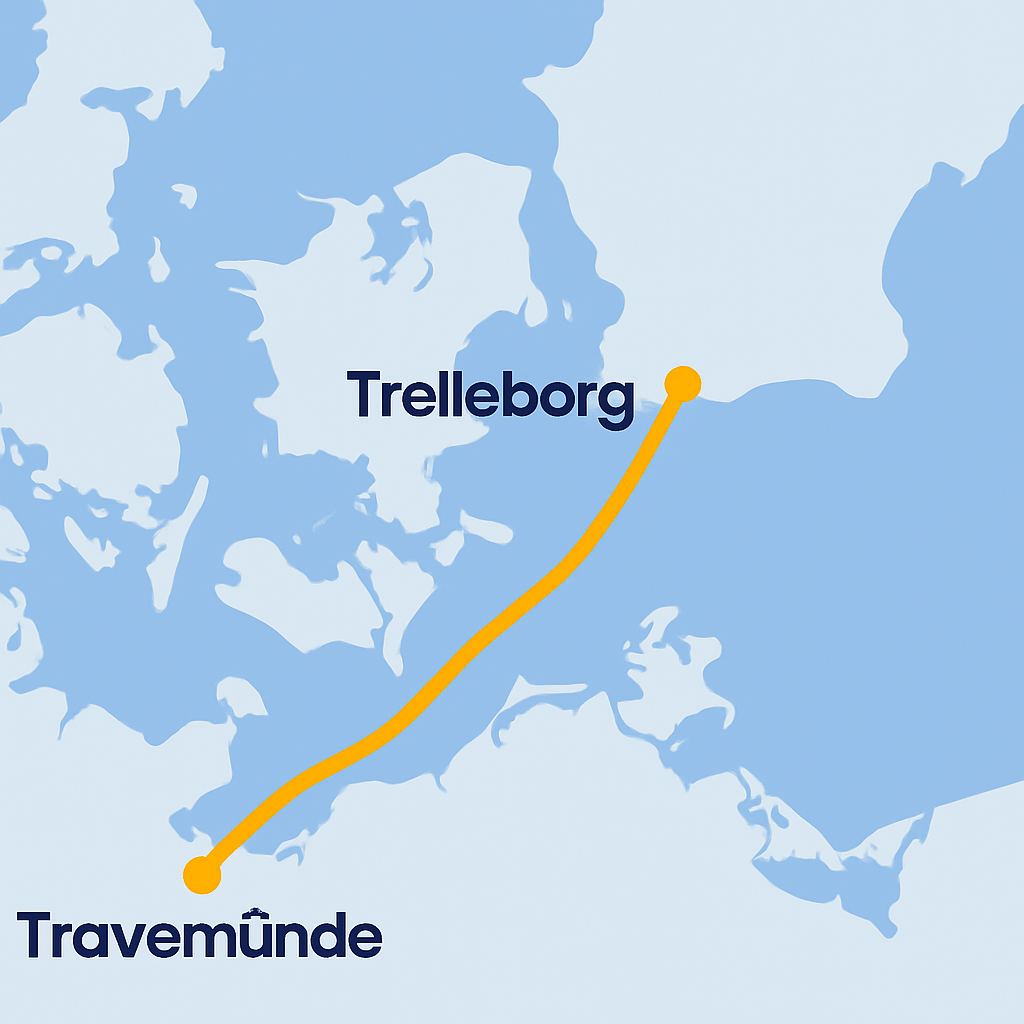 Karte Route Travemünde–Trelleborg und Ausflugsziele in Südschweden für Familien
