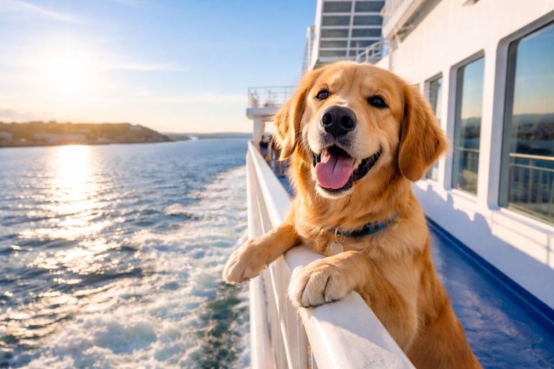 Hund an der Reling einer TT-Line Fähre auf der Ostsee